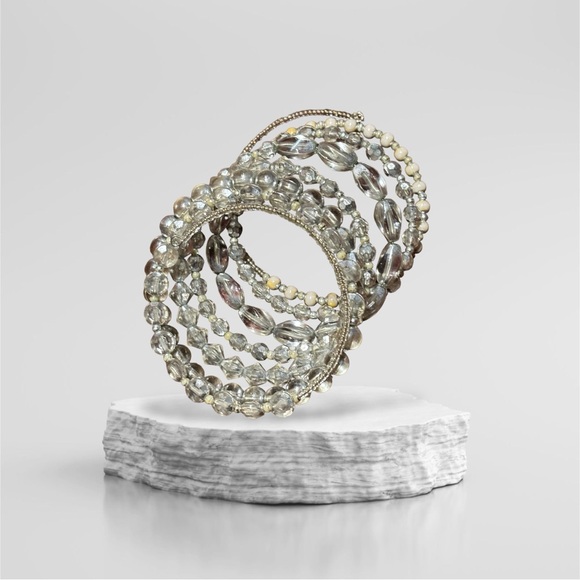 Silver/Tan Women's Shimmery Seven Row Beaded Spiral Bracelet - Picture 4 of 14